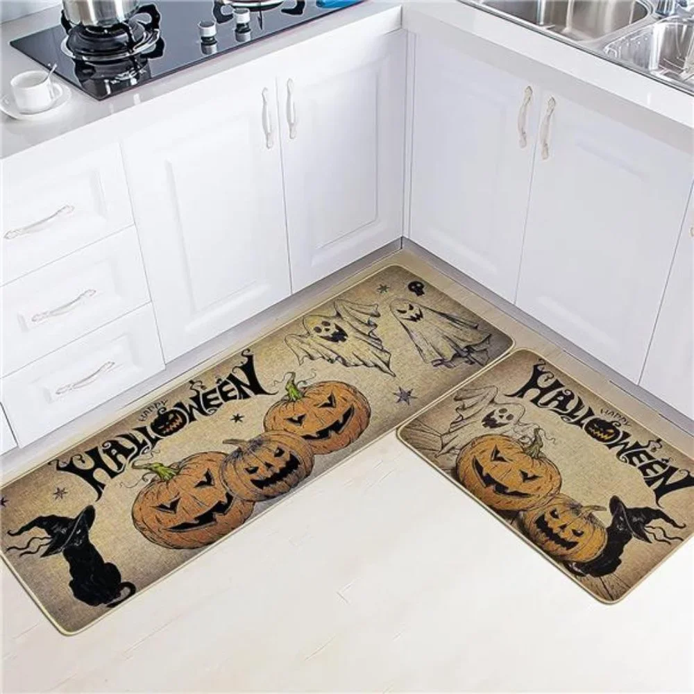 Set of 2; Halloween Decorative Kitchen Mats - Cute Pumpkin Ghost Cat Decor Rug